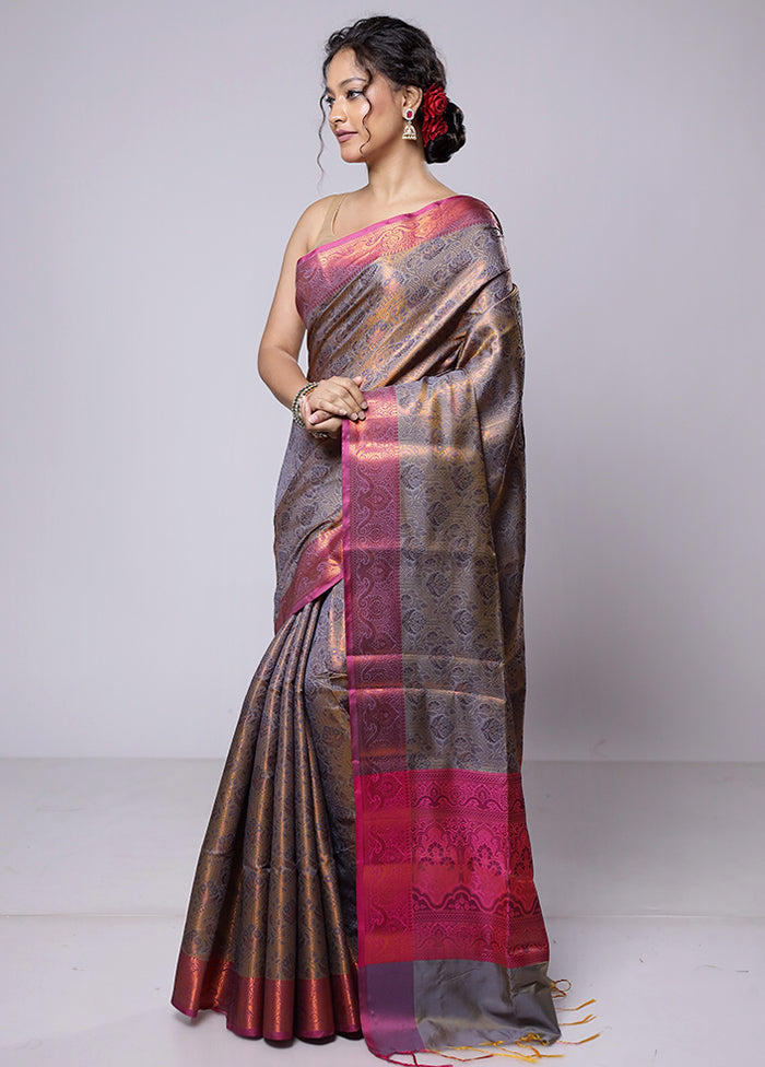 Grey Dupion Silk Saree With Blouse Piece