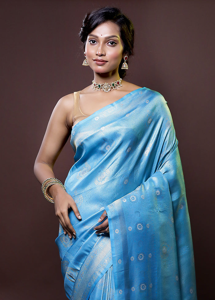 Blue Dupion Silk Saree With Blouse Piece