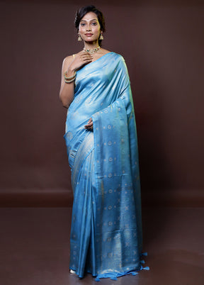 Blue Dupion Silk Saree With Blouse Piece