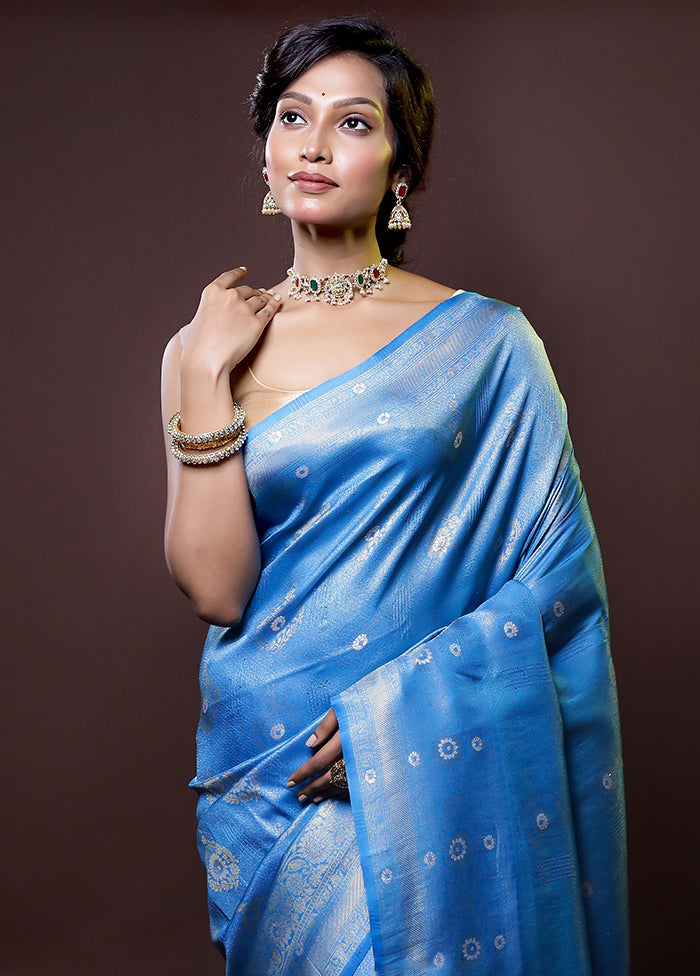 Blue Dupion Silk Saree With Blouse Piece