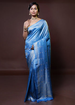 Blue Dupion Silk Saree With Blouse Piece