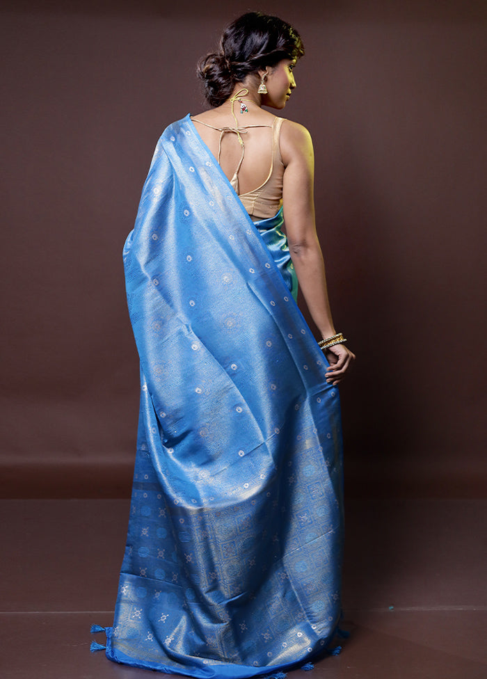 Blue Dupion Silk Saree With Blouse Piece