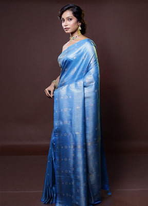 Blue Dupion Silk Saree With Blouse Piece