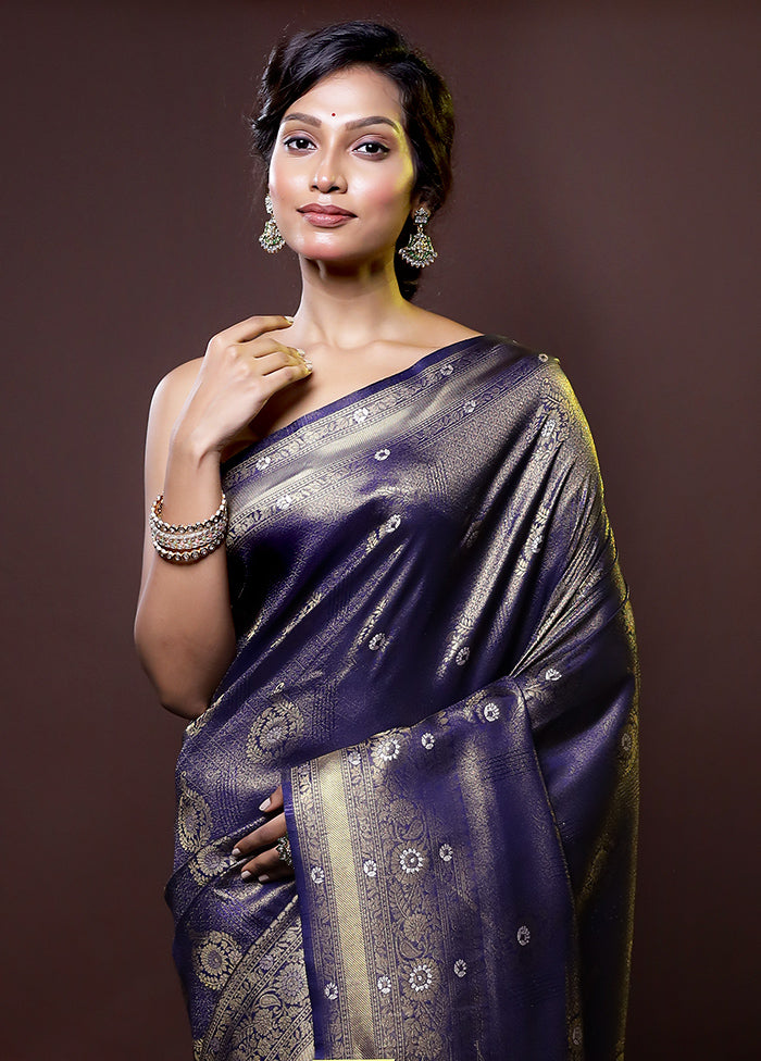 Blue Dupion Silk Saree With Blouse Piece