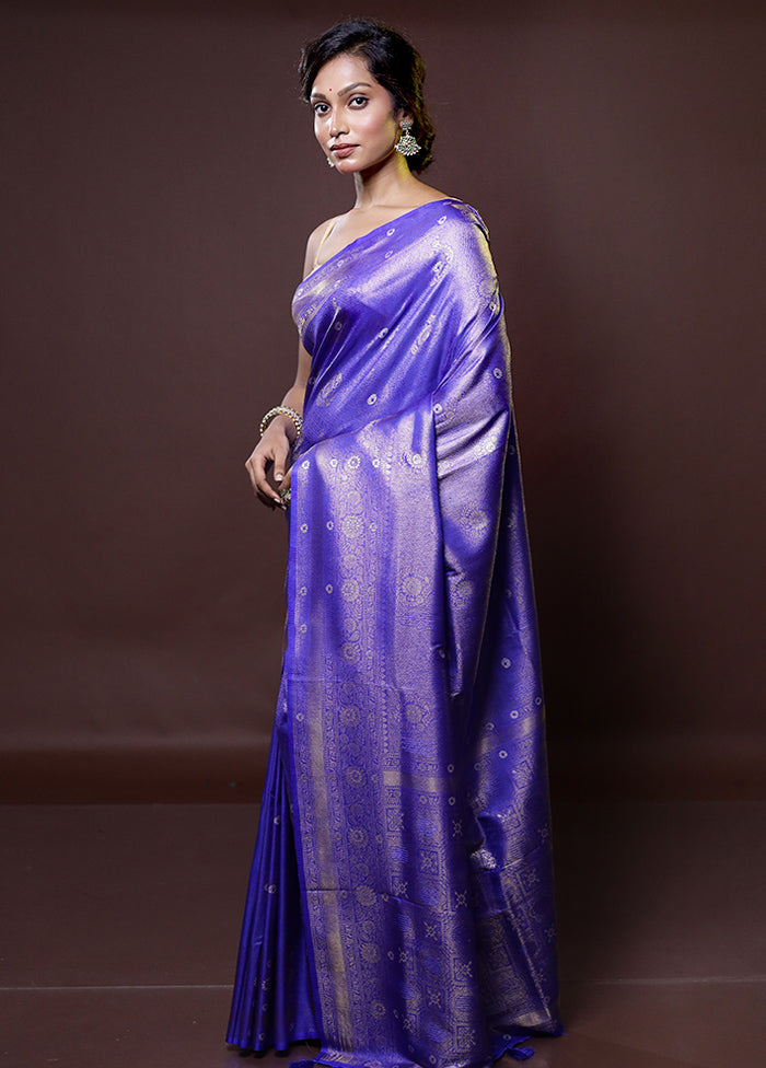 Blue Dupion Silk Saree With Blouse Piece