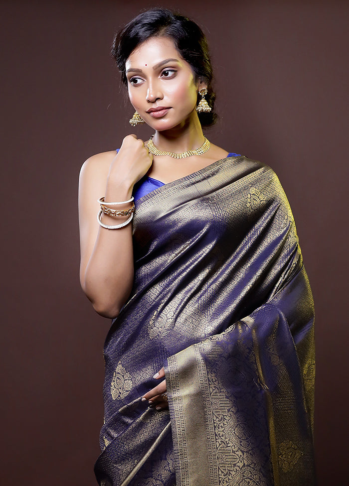 Blue Dupion Silk Saree With Blouse Piece