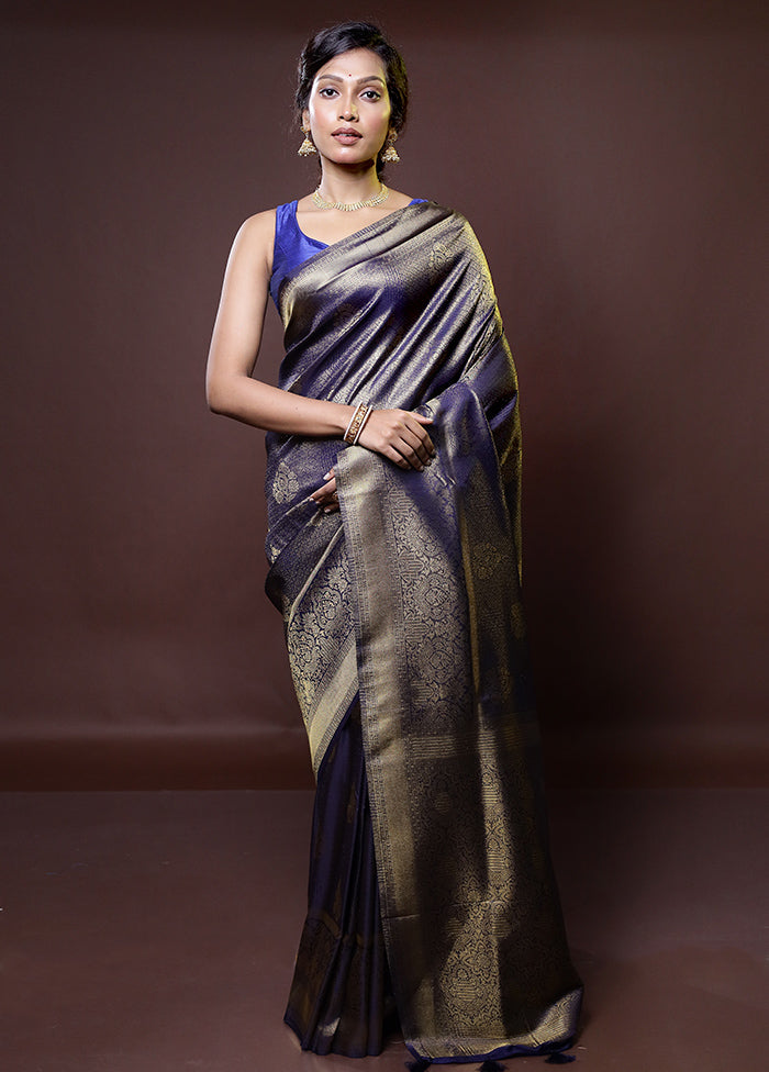 Blue Dupion Silk Saree With Blouse Piece