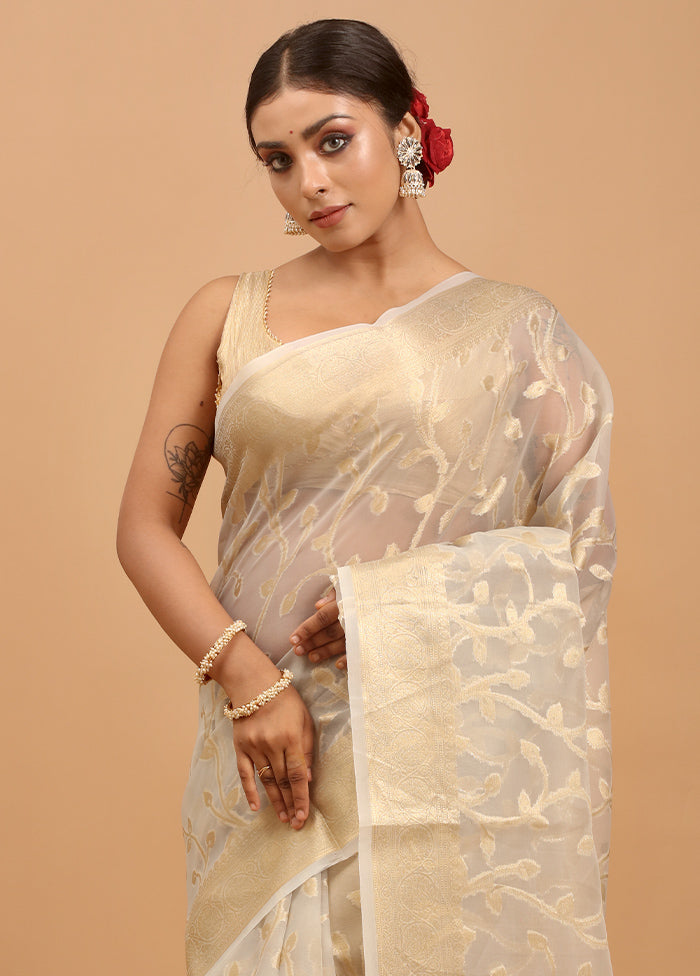 Cream Organza Saree With Blouse Piece