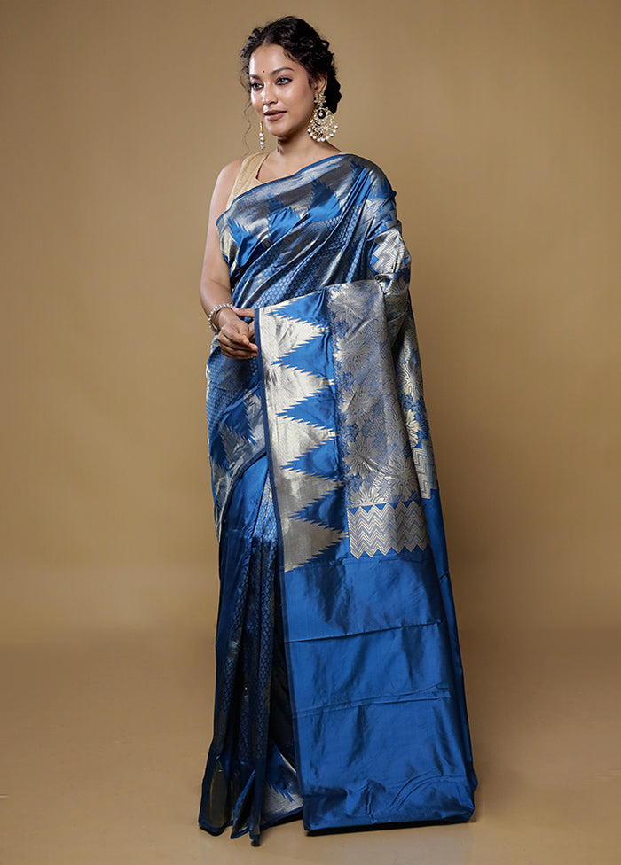 Blue Kanjivaram Silk Saree With Blouse Piece