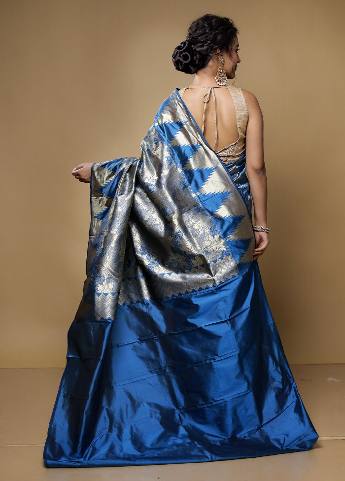 Blue Kanjivaram Silk Saree With Blouse Piece