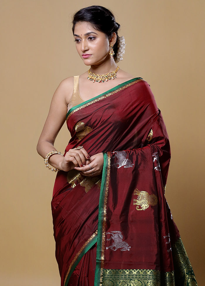 Maroon Kanjivaram Silk Saree With Blouse Piece