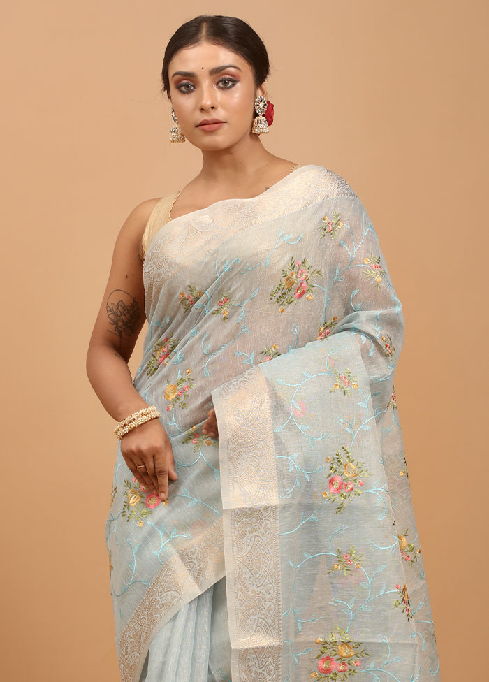 Blue Tissue Silk Saree With Blouse Piece