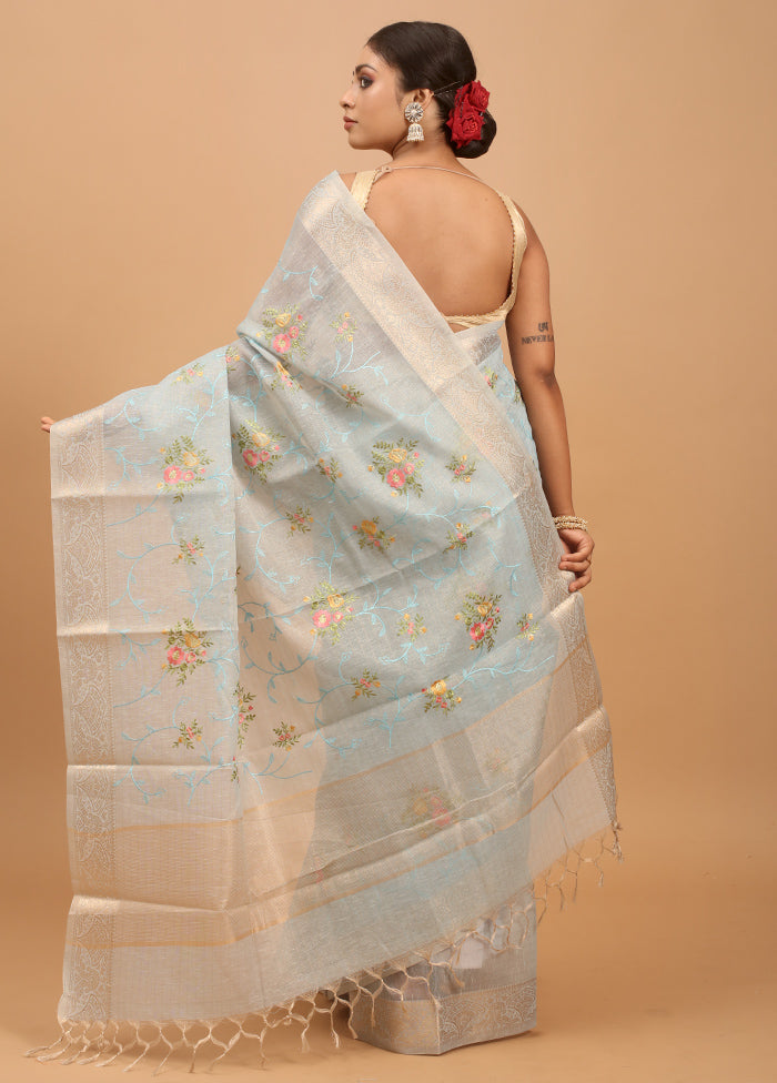 Blue Tissue Silk Saree With Blouse Piece