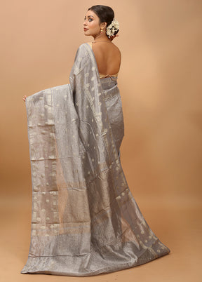 Grey Crushed Tissue Silk Saree With Blouse Piece