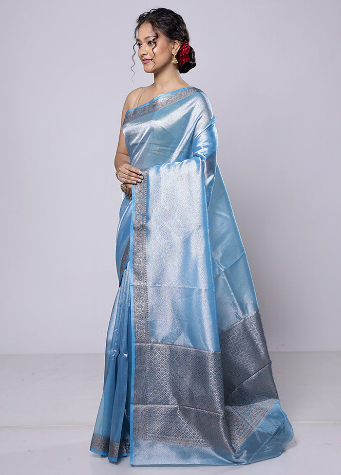 Blue Tissue Silk Saree With Blouse Piece