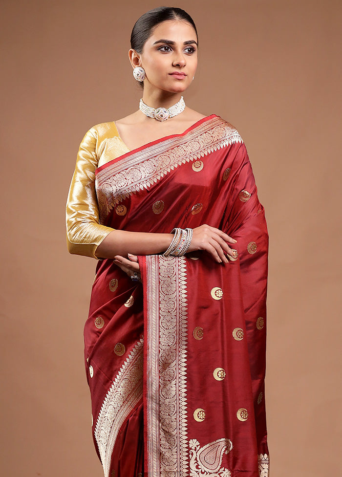 Maroon Handloom Katan Pure Silk Saree With Blouse Piece