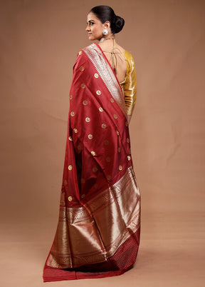 Maroon Handloom Katan Pure Silk Saree With Blouse Piece