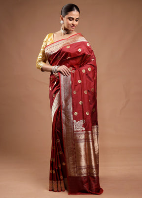 Maroon Handloom Katan Pure Silk Saree With Blouse Piece