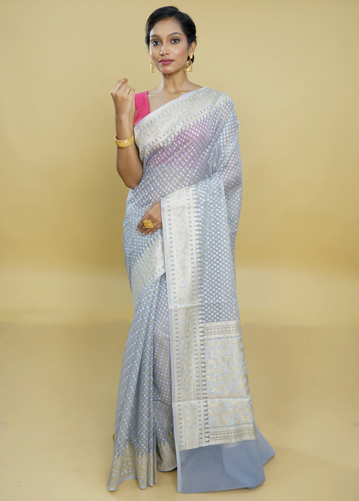 Blue Kora Silk Saree With Blouse Piece