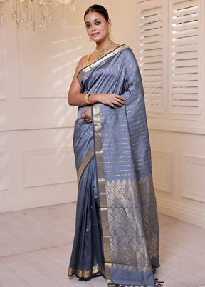 Grey Kanjivaram Silk Saree With Blouse Piece