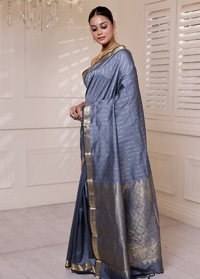 Grey Kanjivaram Silk Saree With Blouse Piece