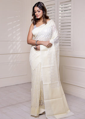 Cream Net Saree With Blouse Piece