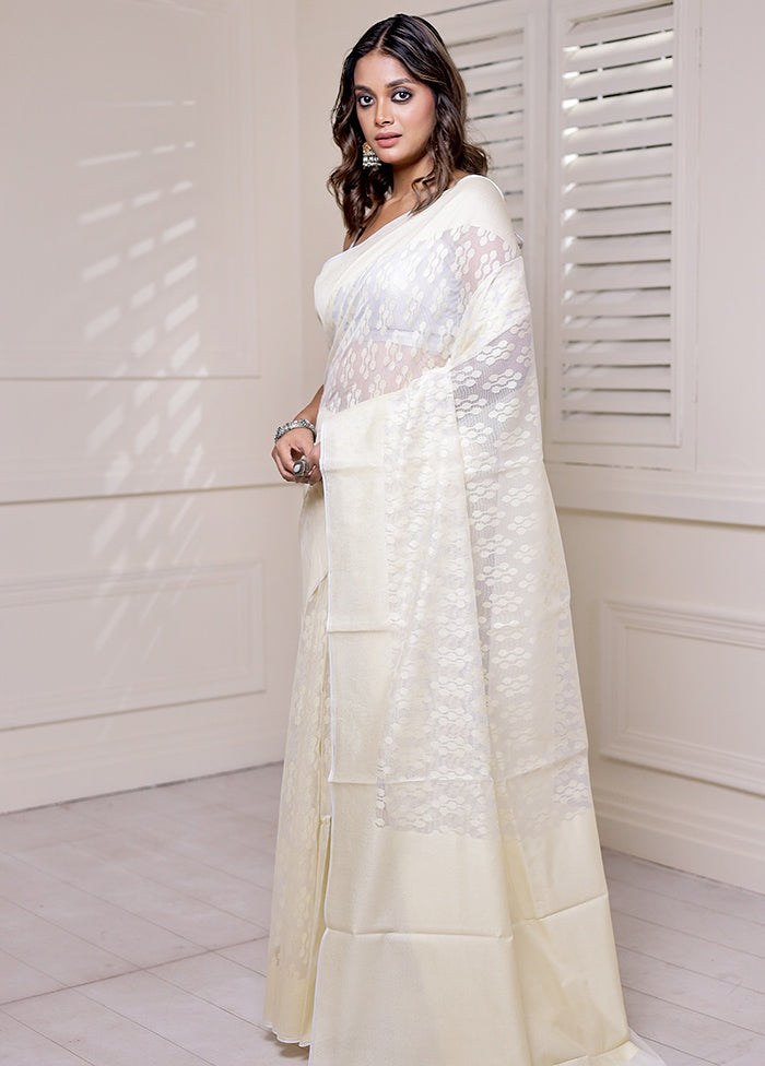 Cream Net Saree With Blouse Piece