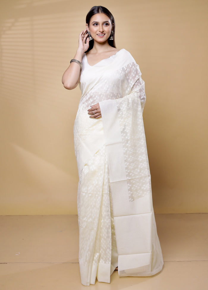 Cream Net Saree With Blouse Piece