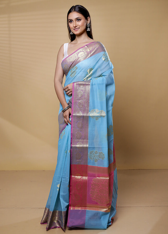 Blue Kora Silk Saree With Blouse Piece