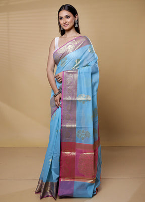 Blue Kora Silk Saree With Blouse Piece