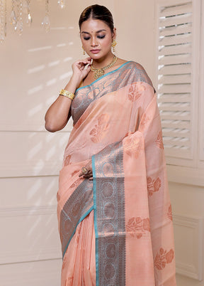 Peach Kora Silk Saree With Blouse Piece