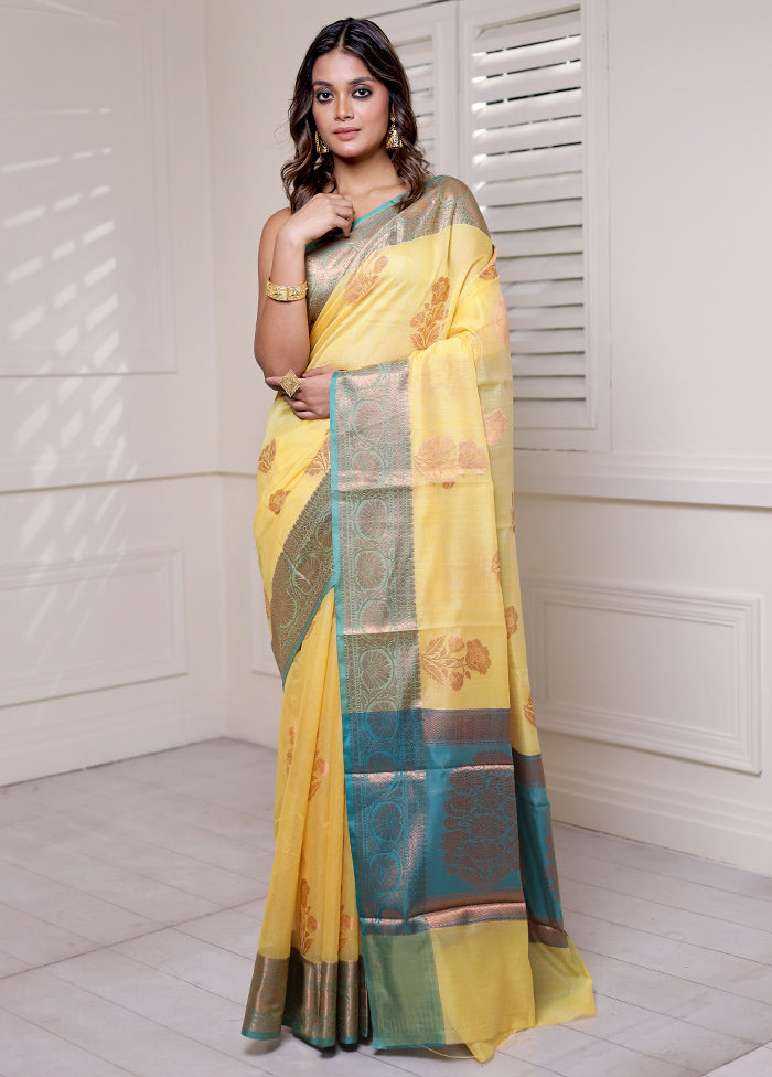 Yellow Kora Silk Saree With Blouse Piece