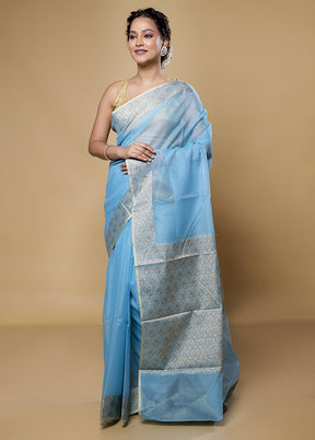 Blue Kota Cotton Saree With Blouse Piece