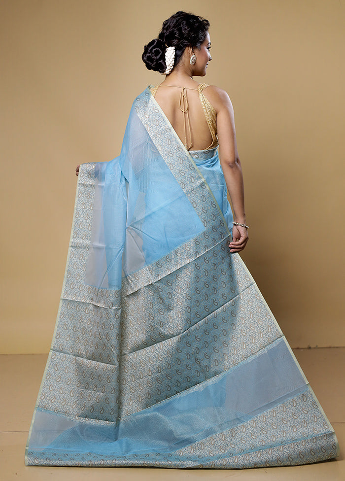 Blue Kota Cotton Saree With Blouse Piece