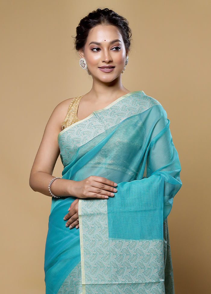 Green Kota Cotton Saree With Blouse Piece