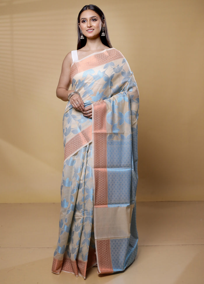 Cream Kora Silk Saree With Blouse Piece