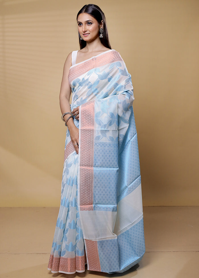 White Kora Silk Saree With Blouse Piece