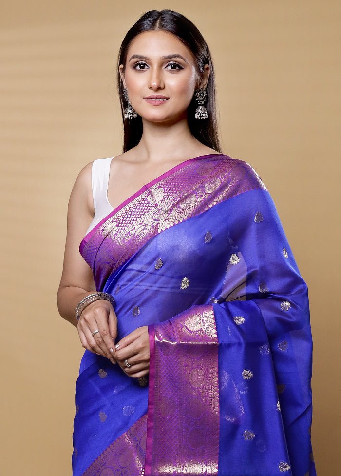 Blue Kora Silk Saree With Blouse Piece