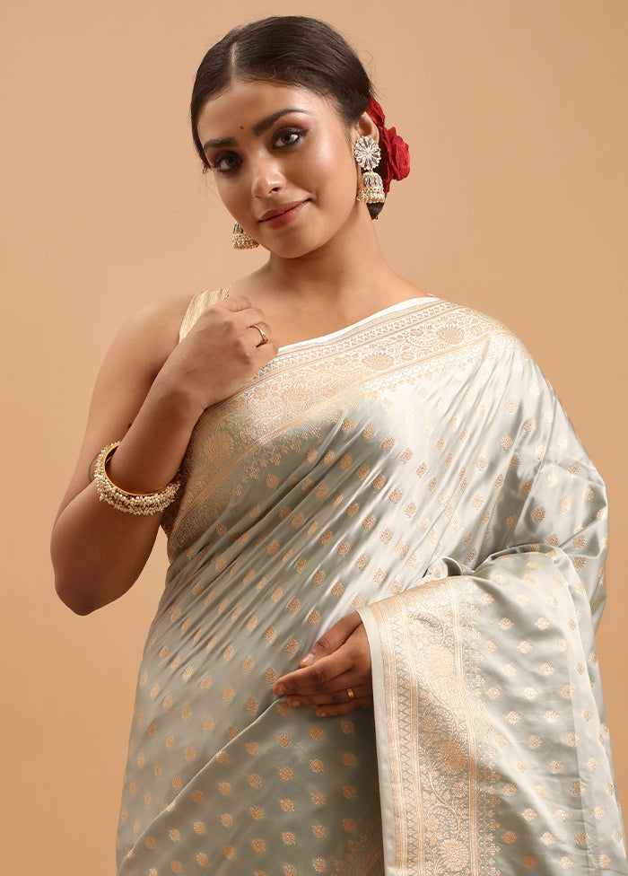 Grey Banarasi Silk Saree With Blouse Piece