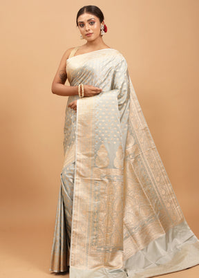 Grey Banarasi Silk Saree With Blouse Piece