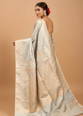 Grey Banarasi Silk Saree With Blouse Piece