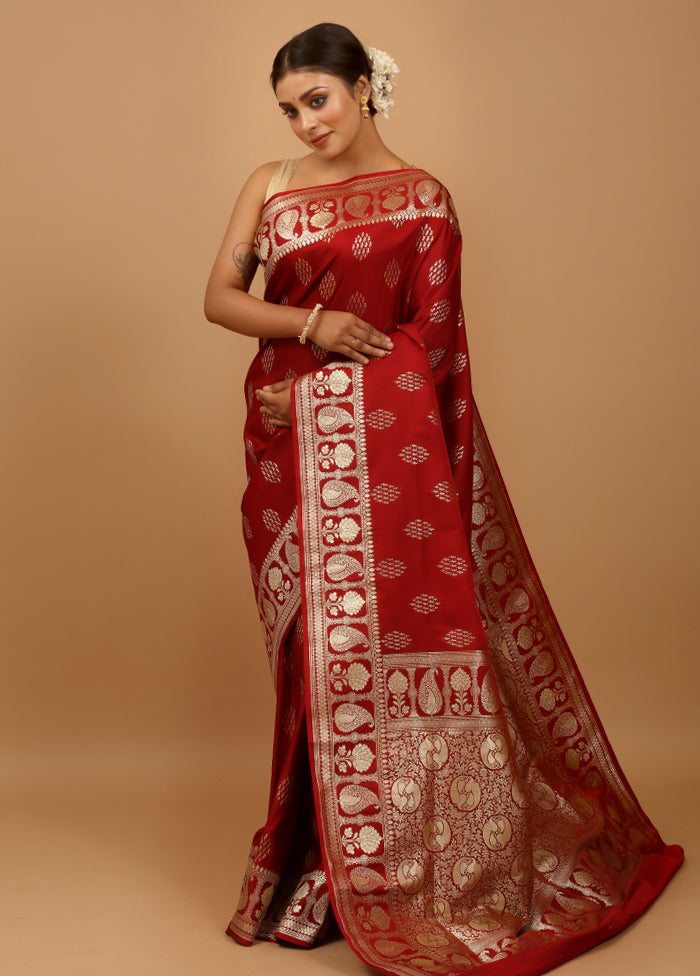 Maroon Banarasi Silk Saree With Blouse Piece