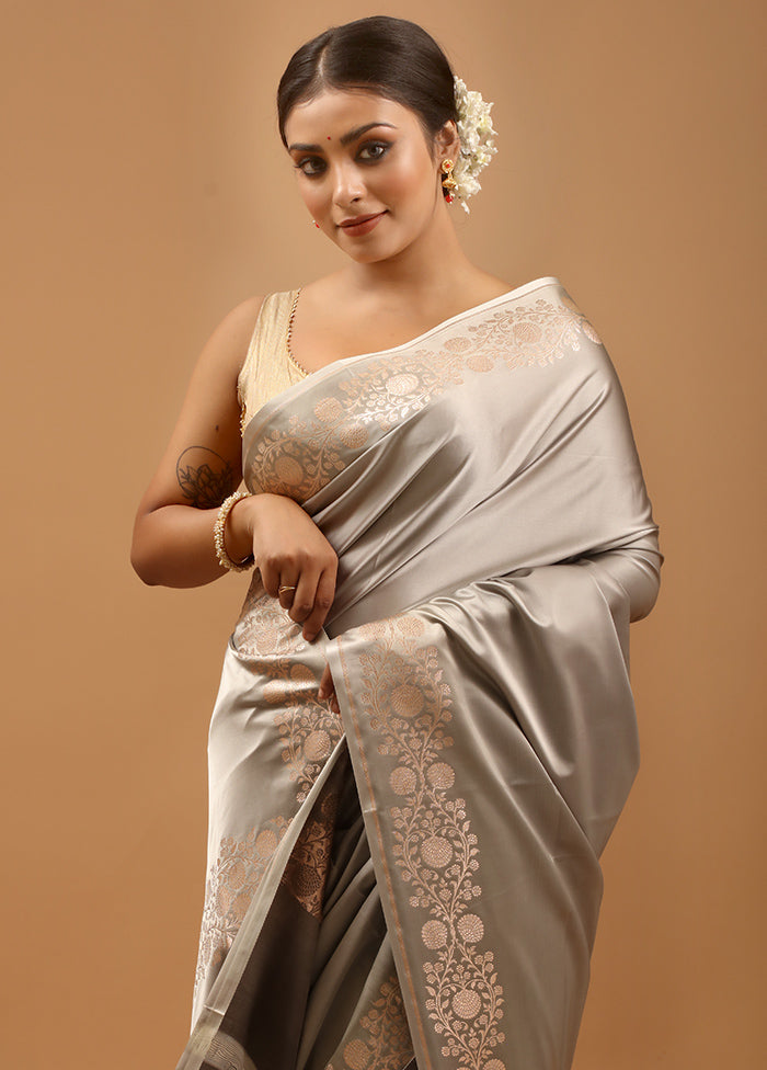 Grey Banarasi Silk Saree With Blouse Piece