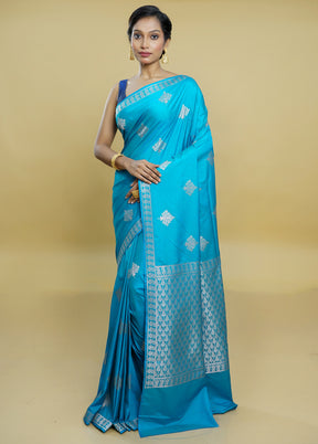 Blue Dupion Silk Saree With Blouse Piece