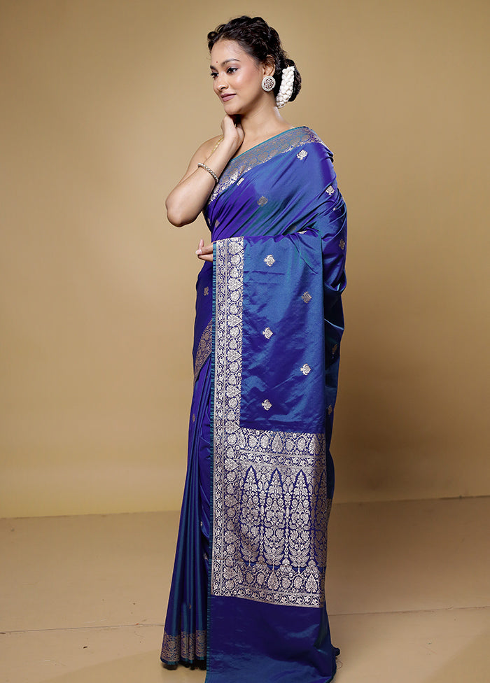 Blue Dupion Silk Saree With Blouse Piece