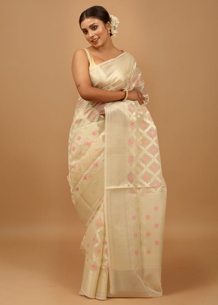 Cream Organza Saree With Blouse Piece