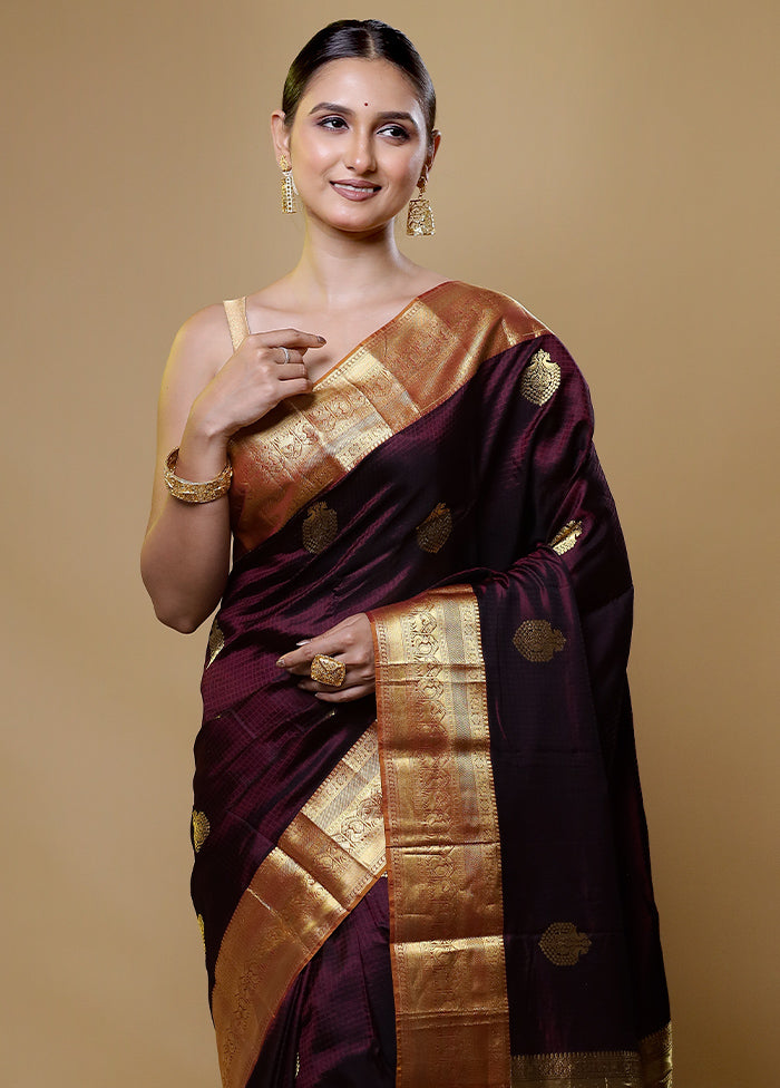 Purple Handloom Kanchipuram Pure Silk Saree With Blouse Piece