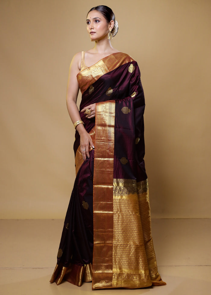 Purple Handloom Kanchipuram Pure Silk Saree With Blouse Piece