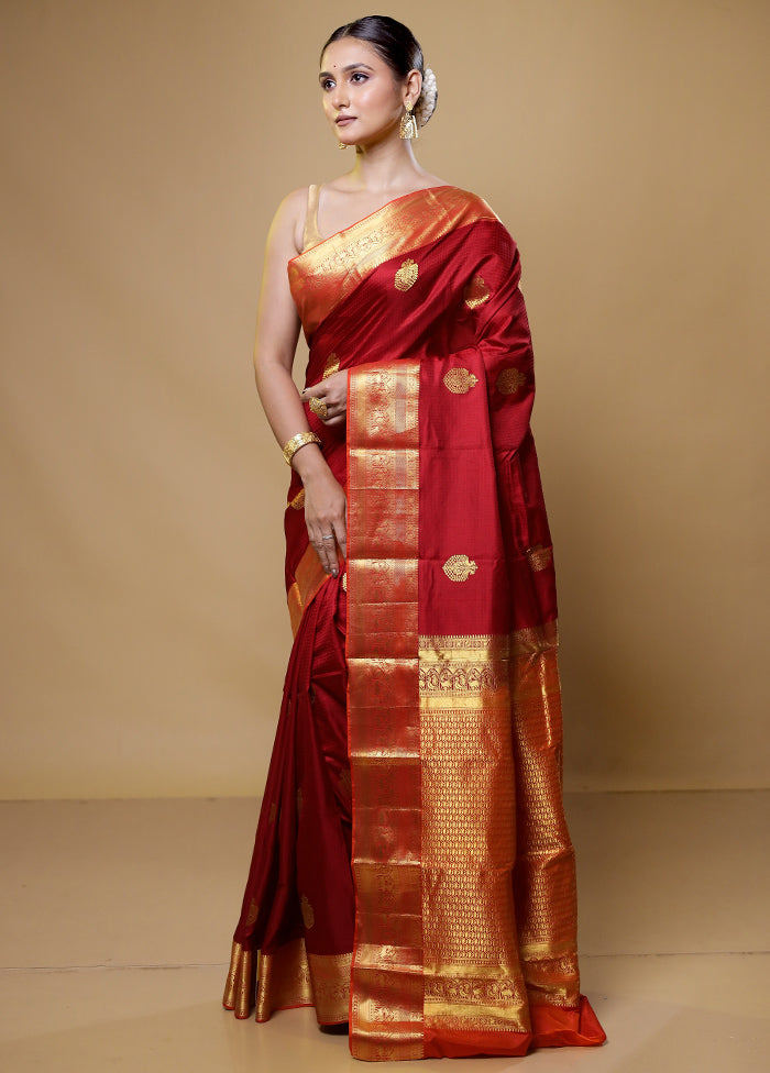 Red Handloom Kanchipuram Pure Silk Saree With Blouse Piece