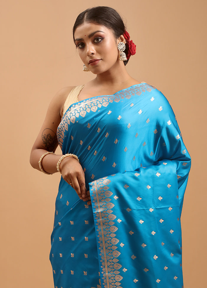 Blue Banarasi Silk Saree With Blouse Piece